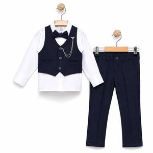 Ensemble de costume 4 pièces en tissu Buhara pour garçons avec gilet et nœud papillon – Ensemble de smoking formel pour mariage pour garçons de 9 à 12 ans - Product Image 1