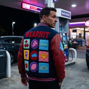 Chaqueta Letterman Personalizada con Parches Grandes, Collage Azul Marino, Mangas de Cuero Rojo, Bordado de Cerezas en Chenilla, OEM - Product Image 5