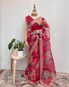 Nouveau sari imprimé numérique floral en organza pur de concepteur traditionnel indien avec séquence de bordure en dentelle pour les mariages et les fêtes - Product Image 6