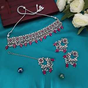 Fabricante indio de joyería chapada en plata de cristal tradicional Kundan nupcial boda gargantilla collar pendiente y Maang Tikka conjunto - Product Image 2