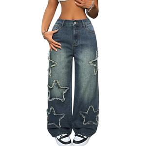 Jeans de Mujer Azul Oscuro de Cintura Media, Pierna Ancha, con Parches de Estrellas, Ajuste Holgado, Vaqueros Lavados, Pantalones de Mezclilla Casuales, Moda Urbana, Uso Diario 100% - Product Image 1