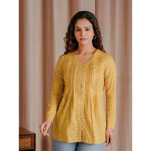 Haut court en coton Butti jaune-vert respirant à imprimé technique - Product Image 3