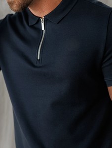 Prix de gros personnalisé votre propre logo manches courtes col rabattu avec fermeture éclair couleur bleu foncé coupe ajustée vêtements d'été respirant - Product Image 4