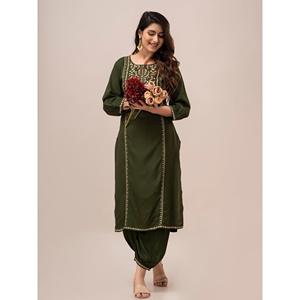 Green <b>Satin</b> Sequin Kurta with Three-Quarter Sleeves and <b>Pyjamas</b> for Women - Product Image 1