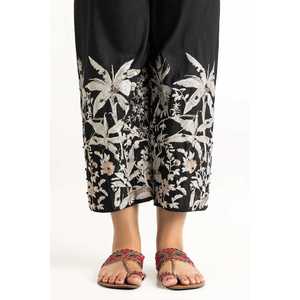 Pantalon Harem Brodé en Crêpe de Soie Brute 100% Noir avec Taille Haute Respirant TR-22-134 - Product Image 1