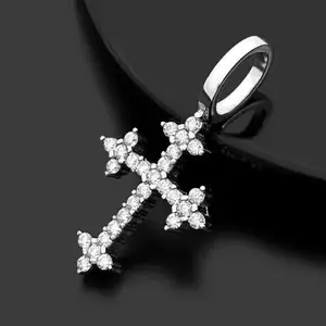 925 <b>Silver</b> Unisex 14K White Gold Plated Stunning Round Cut Moissanite Diamond <b>Cross</b> Pendant-Moissanite Pendants & Charms - Product Image 3