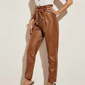 Pantalon en cuir pour femme personnalisé, hiver, automne, élégant, marron, ceinture, taille haute, design de qualité supérieure, mode moderne, pantalon en cuir pour femme - Product Image 2