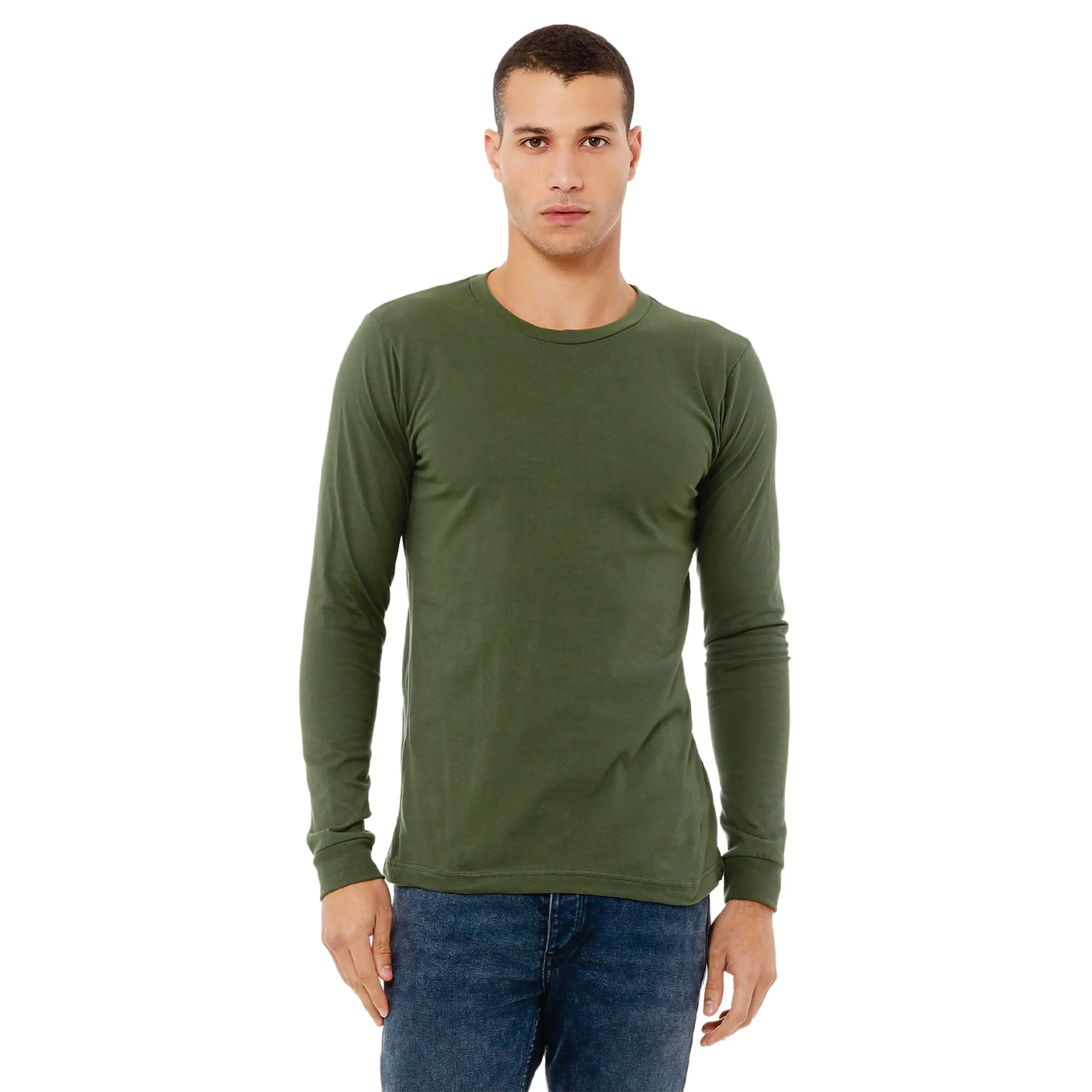 100% Airlume Combed and Ring Spun Cotton 32 Single 4.2 oz Military Green Classic Crew Neck Unisex Jersey Long Sleeves T-Shirt