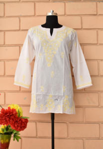 Kurti Women Wear Hand <b>Embroidered</b> <b>Tunic</b> Ladies White Lucknowi Chikan Kurti - Product Image 3