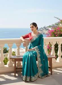 Sari de Seda Chifón Suave Premium para Mujer, con Pallu, Bordado Completo, Borde Butta, Mono Banglory, Trabajo de Bordado Pesado - Product Image 4