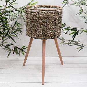 Panier de plantation en herbe de mer fait à la main avec support en bois, pot de fleurs décoratif d'intérieur - Product Image 5