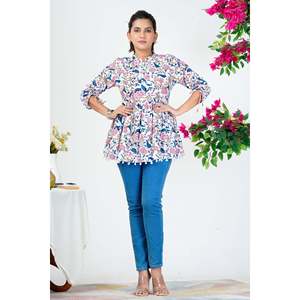 Blusa Peplum de Algodón con Estampado Floral Blanco para Mujer, Mangas 3/4, Estilo Casual Étnico Fusion, Tallas XS-XL, Estilo Coreano Formal, Tejido Popelín - Product Image 3