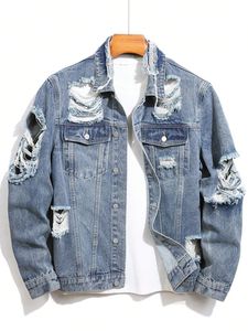 Chaqueta con Capucha de Mezclilla Lavada para Hombre, Mangas en Contraste, Botones Frontales, Bolsillos, Estilo Casual Urbano para Otoño - Product Image 6
