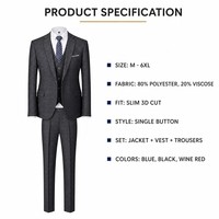 Setelan Jas Pria 3 Potong Motif Kotak-kotak Slim Fit, Jaket Kancing Tunggal, Rompi, Celana untuk Pernikahan dan Bisnis