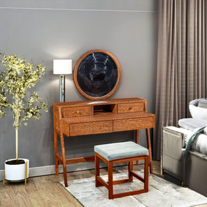 โต๊ะเครื่องแป้ง4ลิ้นชักทำจากไม้โอ๊คเนื้อแข็งทันสมัยพร้อมกระจก PU มีการจัดเก็บสำหรับห้องนอนใช้ในอพาร์ตเมนต์ - Product Image 1
