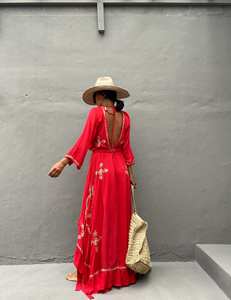 Vestido Maxi Bohemio Bordado, Lavable, sin Espalda, para Mujer, Manga Larga, Verano, Playa, Kaftán, Dobladillo Evase, Lazada con Borlas, Cintura Natural - Product Image 4