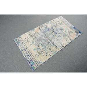 Alfombra Turca de 2.3x4.3 pies, Alfombra Vintage de Lana Sólida Azul y Blanca - Product Image 4