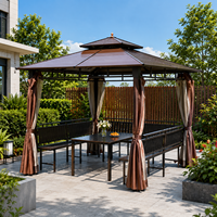 Gazebo en aluminium à deux niveaux pour l'extérieur |   Pavillon de jardin imperméable à toit rigide avec sièges et table intégrés pour villa