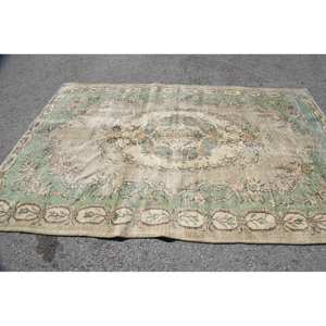 Vintage Turkish Rug 5.7 X 9 ft Classic Green Beige Patchwork Design Wool <b>Large</b> Area Rectangle Hallway <b>Plush</b> Latex for Classic - Product Image 3