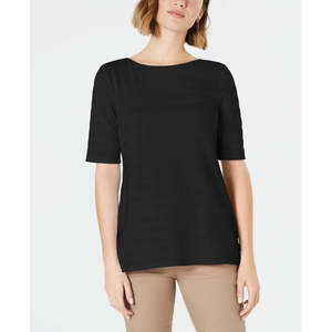 Maglietta da Donna Charter Club in Cotone Traspirante con Maniche a Righe Texturizzate, Nera, Taglia Piccola - Product Image 1