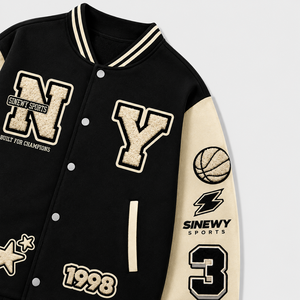 SINEWY SPORTS <b>Men's</b> Varsity <b>Jacket</b> Black Cream Embroidered <b>Letter</b> Patch Design Preppy Style Turn-down Collar Regular Fit - Product Image 3