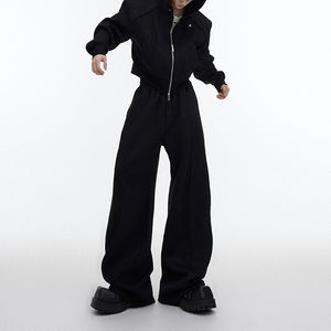 Conjunto de Chándal para Hombre de Alta Calidad, Estilo Vintage de Invierno, Chaqueta Corta con Cremallera, Pantalones Anchos de Cintura Alta, Color Negro y Gris - Product Image 2