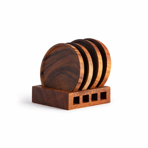 Round Acacia Wood <b>Coaster</b> Set with Holder | Handcrafted Solid Wood | Premium <b>Table</b> Decor - Product Image 1