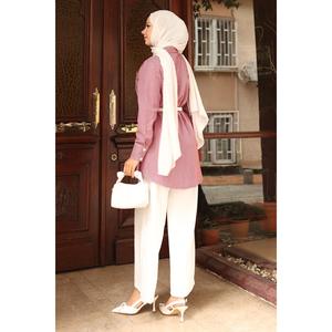 Traje Casual con Detalle de Bolsillo a Rayas Color Borgoña MSW19242-2 con Blusa Larga y Pantalón Midi - Product Image 4