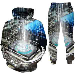 Venta caliente 3D Impreso Circuito Gráfico Casual Oversize Pullover Hombres Sudadera con capucha y pantalones Conjunto Divertido Streetwear Traje para hombres - Product Image 4