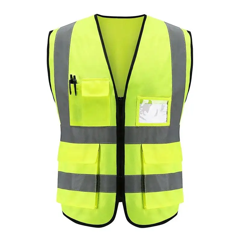 งานที่กําหนดเอง Hi Vis สีเหลืองก่อสร้างชุดทํางานความปลอดภัยการจราจรทางถนนความปลอดภัยเสื้อกั๊กสะท้อนแสงพร้อมกระเป๋าและแจ็คเก็ตป้าย ID