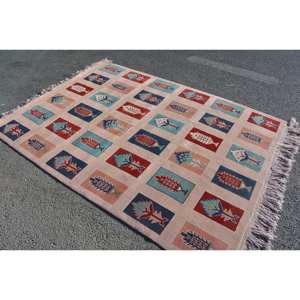 Alfombra turca vintage clásica rojo azul 5,5x7,3 pies área grande lana látex respaldo abstracto para adolescentes rectángulo pasillo diseño - Product Image 4