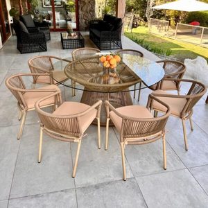 Ensemble de salle à manger en corde pour l'extérieur, table et chaises de patio 6 places pour le jardin ou la terrasse - Product Image 1