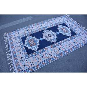 Classique Bleu Beige Patchwork Laine Tapis 4.1x 6.6ft Vintage Turc Design pour Salon Décorations Latex Soutenu 9x12 - Product Image 2