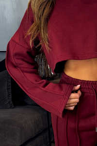 Best Selling Custom Burgundy 2 Piece Women's Tracksuit Set Jogger & Crop Sweatshirt With Seam <b>Detail</b> Women's Two Piece Sweat Set - Product Image 2