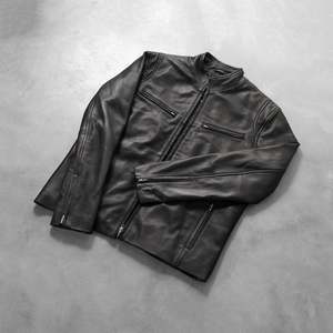 Men's Vintage Style Ionic Black Genuine <b>Sheep</b> Skin Leather Jacket Water-Proof Embroidered Chains Zippered Closure Front Quilted - Product Image 6