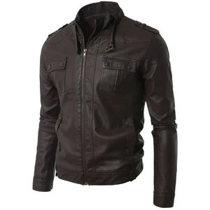 Veste en simili cuir décontractée pour homme, couleur unie, PU avec capuche, col montant, coupe régulière, veste de moto avec poches, veste pour homme - Product Image 5