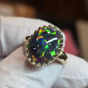 แหวนหมั้นวินเทจเงินแท้ 925 ชุบทอง ประดับโอปอลดำธรรมชาติจากเอธิโอเปีย คุณภาพ AA พร้อมพลอยอินเดีย - Product Image 6