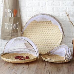 ตะกร้าไม้ไผ่ทำมือพร้อมฝาปิดตาข่ายพับได้ ถาดป้องกันอาหาร - Product Image 2