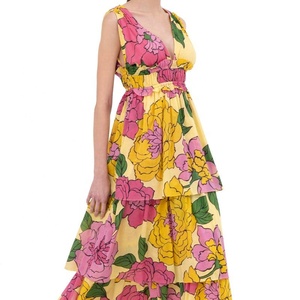 Robe d'été longue sans manches pour femme, coupe trapèze, imprimée, col en V, fermeture éclair, taille élastique, poches latérales, grandes tailles - Product Image 1