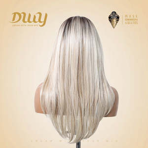 Perruque synthétique sans colle Devi-DWY 13x6, dentelle transparente, raie libre, mi-longue, lisse, couleur blonde - Product Image 4