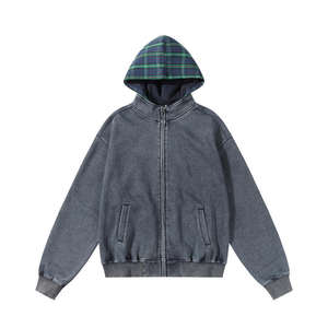 High Street American Retro Washed Vintage Plaid Patchwork Sudadera con capucha Hombres Fashion-Forward Loose Hoodies - Product Image 4