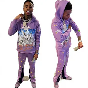 Huzaima International Survêtement en molleton à capuche violet pour homme, longueur intégrale, style streetwear, extensible dans quatre sens, 100% coton, 2 en 1 - Product Image 1