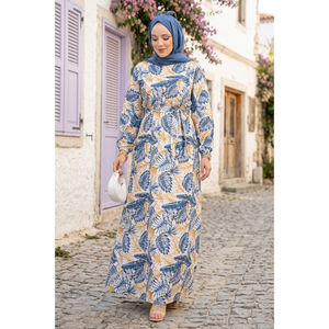 Indigo Palm Pattern Gathered Waist <b>Dress</b> <b>Custom</b> Designed Casual Hippie Style Breathable Knee-Length Size 2XL for Everyday Use - Product Image 1