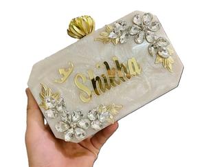 Gorgeous Beige Tone Finished Resin Clutch for Women Embellished with Diamond and Flower Decoration Antique Stylish Women's Purse - Product Image 6