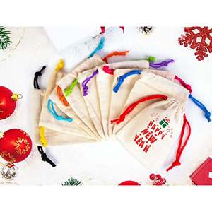 Colorful Custom <b>Drawstring</b> Cotton <b>Pouch</b> 145gsm 4x5/6x8 Inches Screen-Printed Happy New Year Greeting Versatile Wallet Clothing - Product Image 4