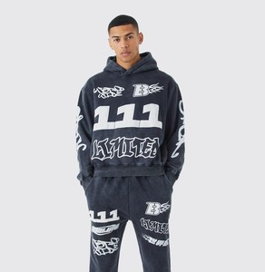 Chándal de algodón con estampado de logotipo personalizado de peso pesado, conjunto de sudaderas con capucha y pantalones de chándal de 500gsm para hombre, venta al por mayor - Product Image 6