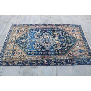 Alfombra Turca, Alfombra Vintage Decorativa de 3.6x6 pies, Alfombra Floral Azul Marrón - Product Image 4