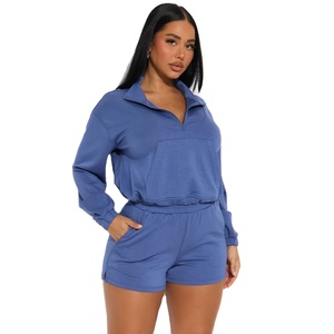 Wholesale 2025 Sweatsuit Sets <b>Women</b> Fashion Turtle Neck Long Sleeve Solid Color Casual <b>Top</b> Sweatshirt Shorts Set - Product Image 1