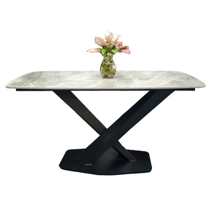 Juego de Mesa de Comedor Rectangular BA68095 de 140/160x80cm con Tapa de Cerámica y Patas de Hierro, Aspecto de Mármol de Piedra Sinterizada - Product Image 1