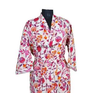 Vintage Dressing Gown Kimono HandStitch Silk Quilted Patchwork <b>Kantha</b> <b>Jacket</b> Multi Colored TieBelt Coat Winter <b>Jackets</b> for women - Product Image 2
